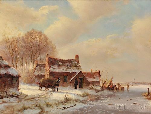 Attributed to Jacobus van der Stok (Dutch, 1794-1864)      Winter Landscape with Thatched Cottages by a River