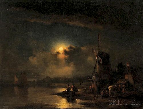 Attributed to John Crome, called Old Crome (British, 1768-1821)      Fishermen Pulling Nets by Moonlight