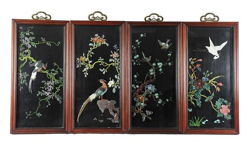 4 Panels Inlaid with Jade Birds and Flowers, 20th Century