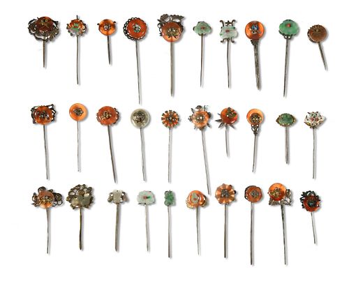 30 Chinese Silver, Jade and Agate Hairpins, 19th Century