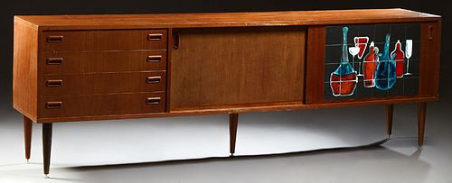 French Mid-Century Modern Carved Mahogany Sideboard, the rectangular top over central double sliding doors, flanked by four drawers...