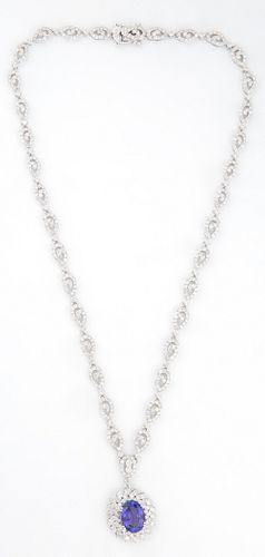 14K White Gold Link Necklace, each of the 34 swirled pierced links mounted with small round diamonds, suspending a pendant with an o...