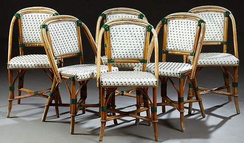 Set of Six French Bentwood Bistro Chairs, 20th c., the arched woven plastic back and seat, on faux bamboo legs, joined by an X-form...