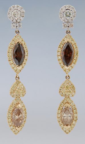 Pair of 14K Yellow Gold Dangle Earrings, with a white diamond stud, suspending an oval link with a fancy brown marquise diamond atop...
