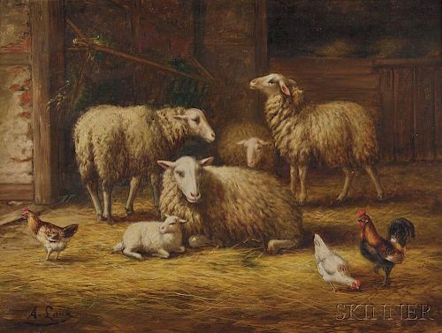 August Laux (German, 1847-1921)      Sheep, Chickens, and Rooster in a Manger