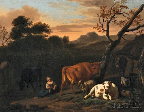 Dutch School, 19th Century      Shepherdess with Livestock at Sundown