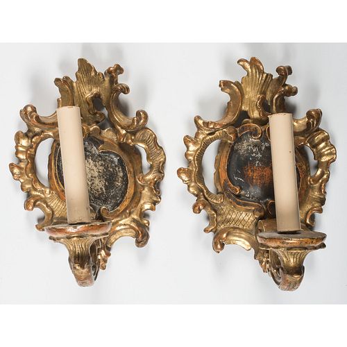 A Pair of Continental Rococo Style Giltwood Wall Sconces 