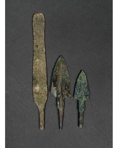 ANCIENT GREEK BRONZE SPEARS (2) AND BLADE (1)