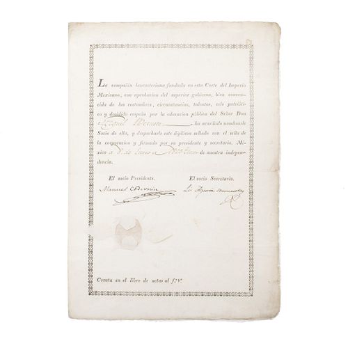 Codernin, Manuel. Diploma otorgado por "La Compañía Lancasteriana".  México a 8 de Enero de 1823. Firma.