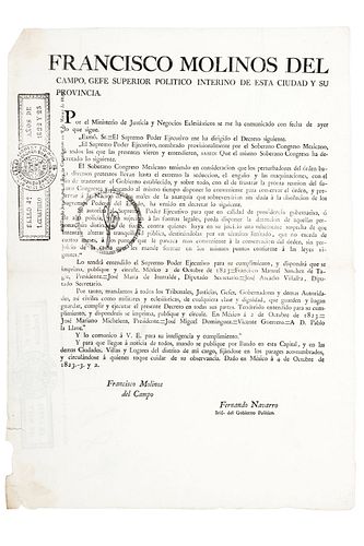 Molinos del Campo, Francisco - Navarro, Fernando. Bando sobre la Detención de Perturbadores del Orden. México, octubre 4 de 1823.