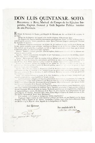 Quintanar Soto, Luis.  Bando sobre Proveer Empleos hasta que se Determine el Sistema de Hacienda Pública. México, mayo 13 de 1822.