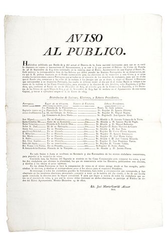 Guridi Alcocer, José María. Aviso al Público sobre Decreto de la Junta Instituyente para Elecciones de Ayuntamientos. Méx., 1822.