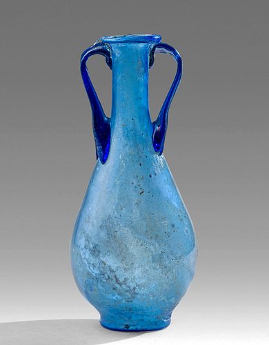Rare / Elegant Roman Glass Bottle, Twin Cobalt Handles