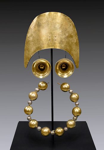 Moche 18K Gold Tumi Crown, Ear Ornaments, & Bead Strand