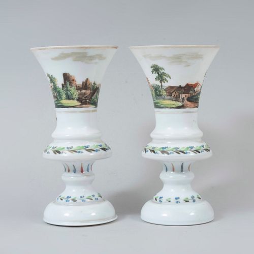 Pair of vases, 20th century, Made in La Granja style crystal, Decorated with landscapes