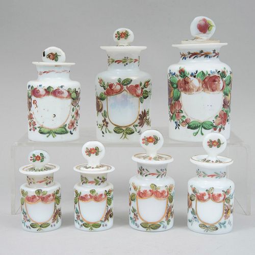 Lot of 7 "botámen" jars, 20th century, Made in La Granja style crystal, Decorated with plant, floral, organic elements and golden enamel.
