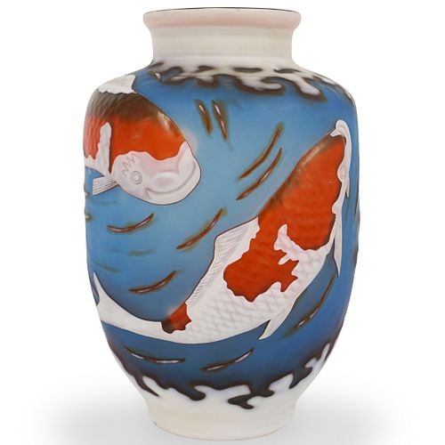 French Cameo Glass Koi Fish Vase