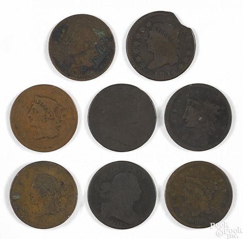 Eight large cents, to include two 1801, cull- AG, five 1839, G, and 1814, damaged.