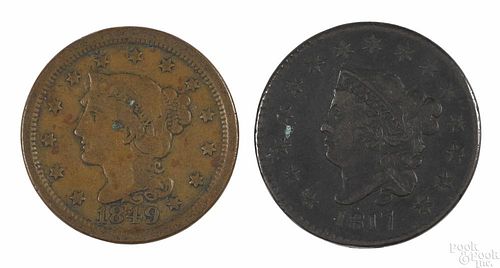 Large cent, 1849, F-VF, together with an 1817 large cent, VG.