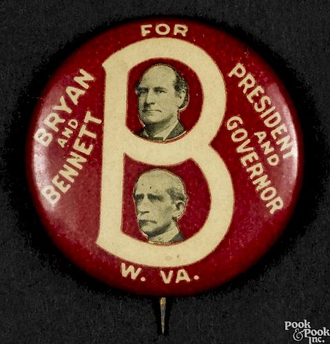 William Jennings Bryan & Louis Bennett, West Virginia political pinback, 1 1/4'' dia.