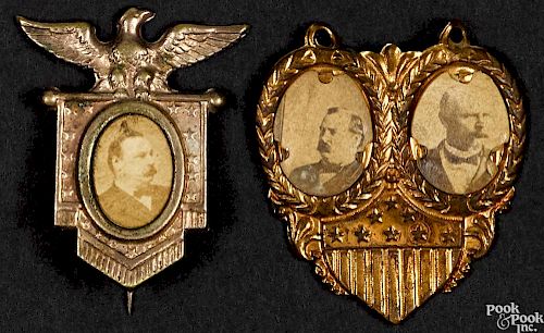 Grover Cleveland & Adlai Stevenson political ferrotype pendant, 1 1/2'' h.