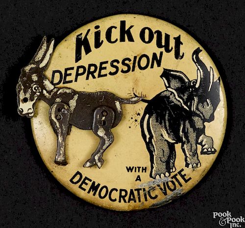 Kick Out Depression Democratic Vote animated political pin, 2 1/4'' dia.