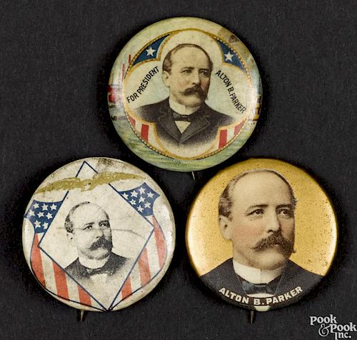 Three Alton B. Parker political pins, 1 1/4'' dia.