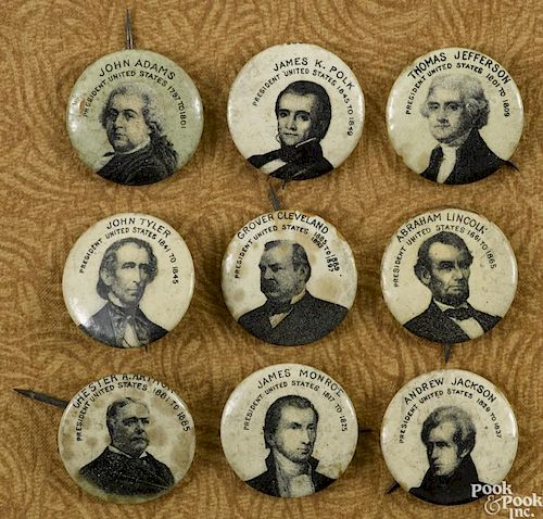 Nine commemorative presidential buttons, to include James Polk, James Monroe, Abraham Lincoln