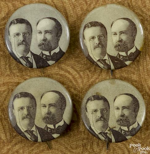 Four Theodore Roosevelt & Charles Fairbanks presidential pinback buttons, 7/8'' dia.