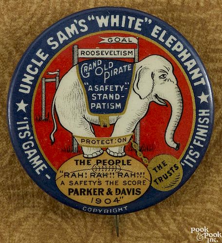 Alton B. Parker & Henry Davis white elephant political pinback, 1 1/2'' dia.