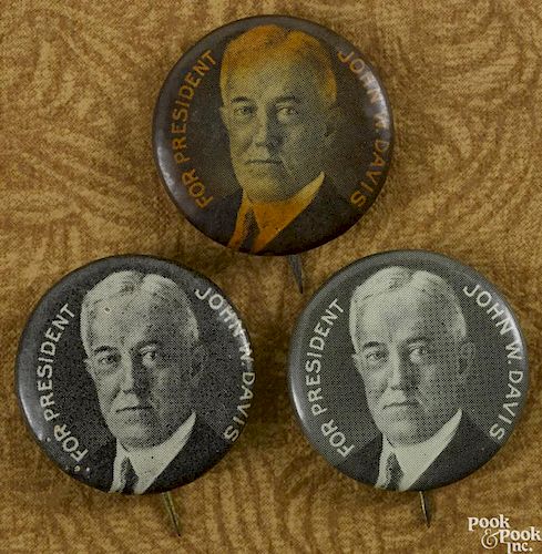Three John W. Davis Presidential political pinbacks, 7/8'' dia.