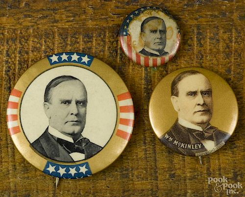 Three William McKinley political buttons, 1 5/8'' dia., 1 1/4'' dia., and 7/8'' dia.