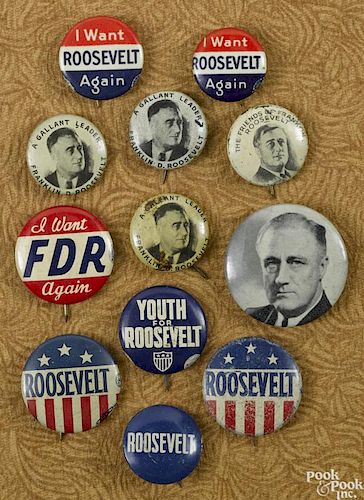 Twelve Franklin Roosevelt political pins, largest - 1 1/4'' dia.