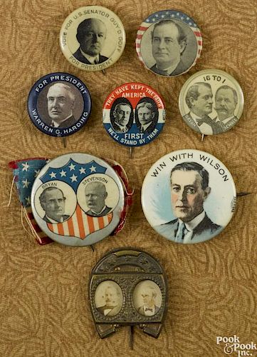 Group of political pins, to include William H. Taft & James S. Sherman, Woodrow Wilson