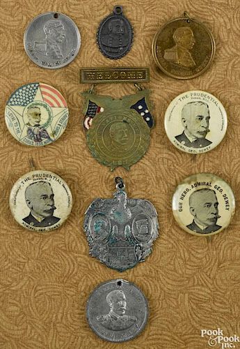 Group of ten Admiral George Dewey buttons, tokens and medals.