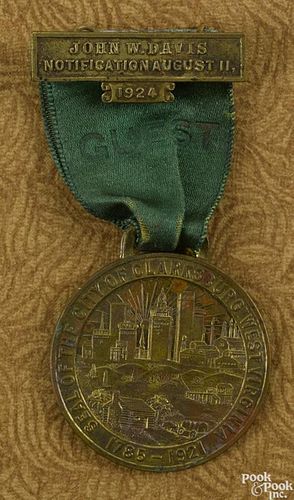 John W. Davis notification medal, dated August 11, 1924, from the city of Clarksburg