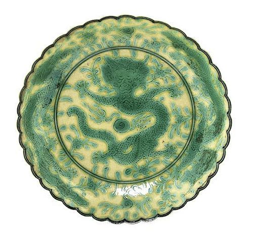 A Chinese Yellow and Green Glazed Porcelain Dish Diameter 5 5/16 inches.