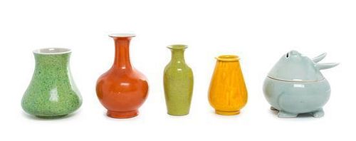 * A Group of Five Chinese Glazed Ceramic Articles Height of tallest 4 x width 4 1/4 inches.