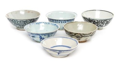 * A Group of Six Blue and White Porcelain Bowls Diameter of largest 6 1/4 inches.