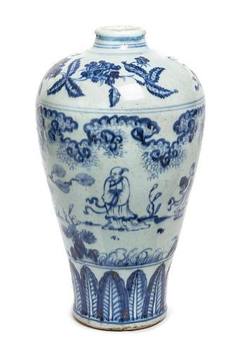 A Blue and White Porcelain Vase, Meiping Height 15 1/2 inches.