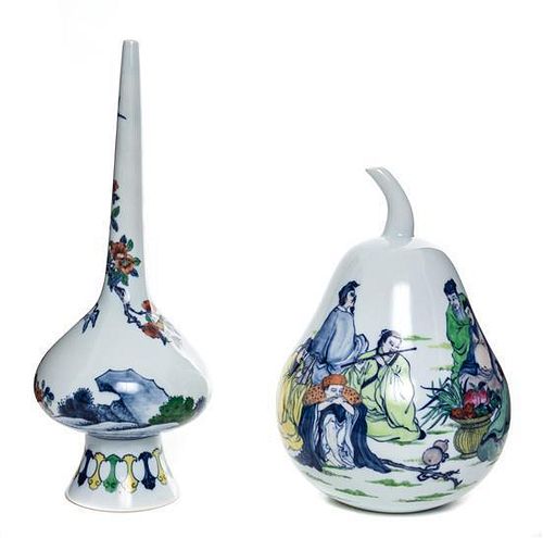 Two Polychrome Enameled Porcelain Vases Height of tallest 12 inches.