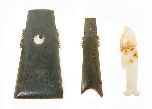* A Group of Three Archaistic Jade Tools Length of largest 8 1/2 x width 4 1/4 inches.
