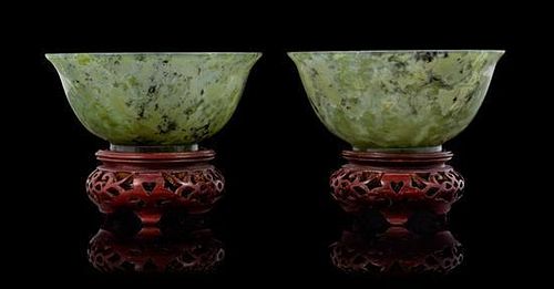 * A Pair of Spinach Jade Bowls Diameter 4 1/8 inches.