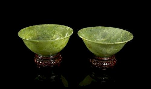 A Pair of Carved Jade Bowls Diameter 5 1/8 inches.