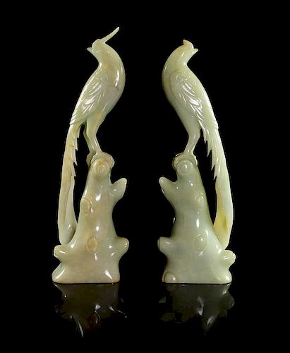 * Two Jade Figures of Pheasants Height 8 inches.