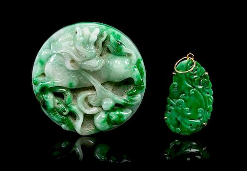 * Two Carved Jadeite Articles Diameter of larger 1 7/8 inches.