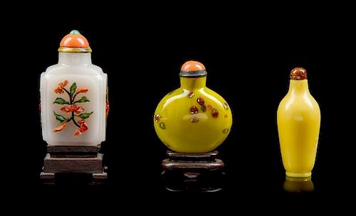 * Three Glass Snuff Bottles Height of tallest overall 3 3/8 inches.