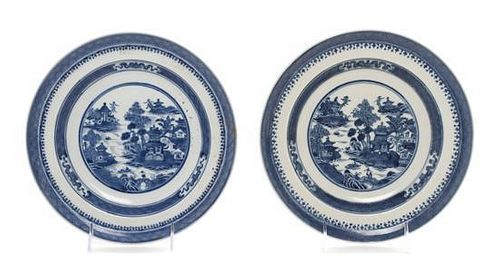 * Two Chinese Export Blue and White Porcelain Chargers Diameter 9 1/2 inches.
