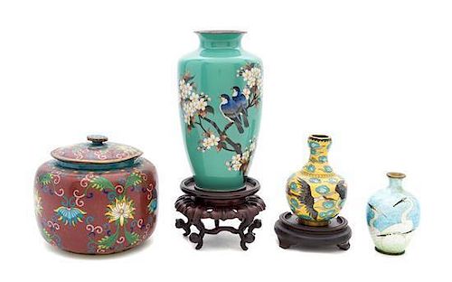 Four Cloisonne Enamel Vases Height of tallest 7 1/2 inches.