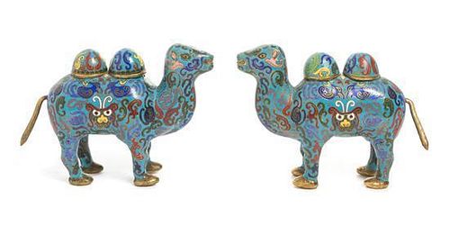 A Pair of Cloisonne Enamel Camel-Form Vessels Width 7 1/2 inches.
